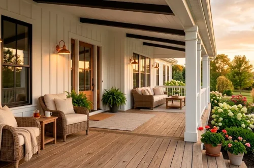 Modern farmhouse porch featuring warm wood decking, white columns, and cozy rattan furniture at golden hour