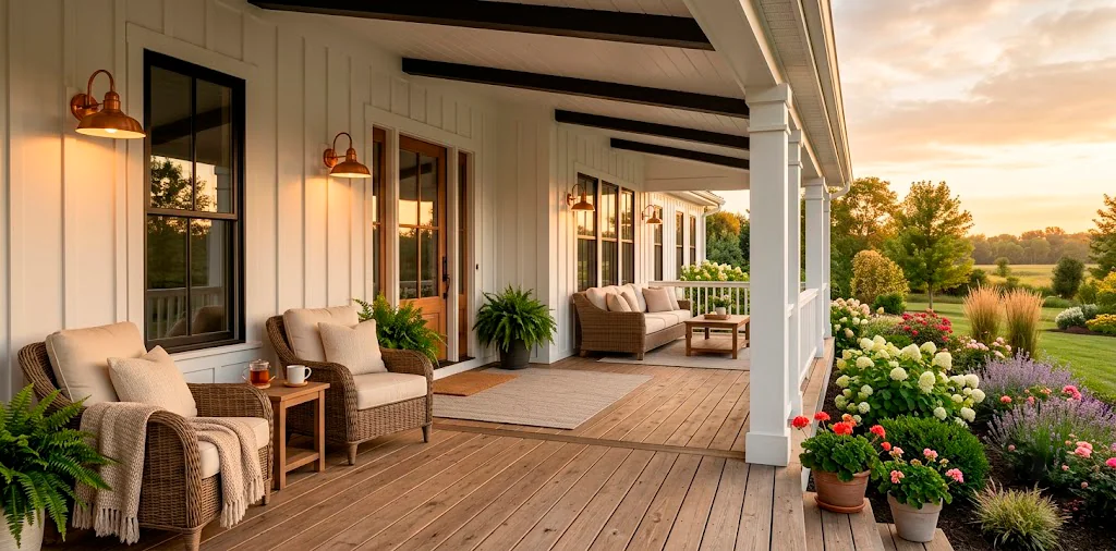Modern farmhouse porch featuring warm wood decking, white columns, and cozy rattan furniture at golden hour