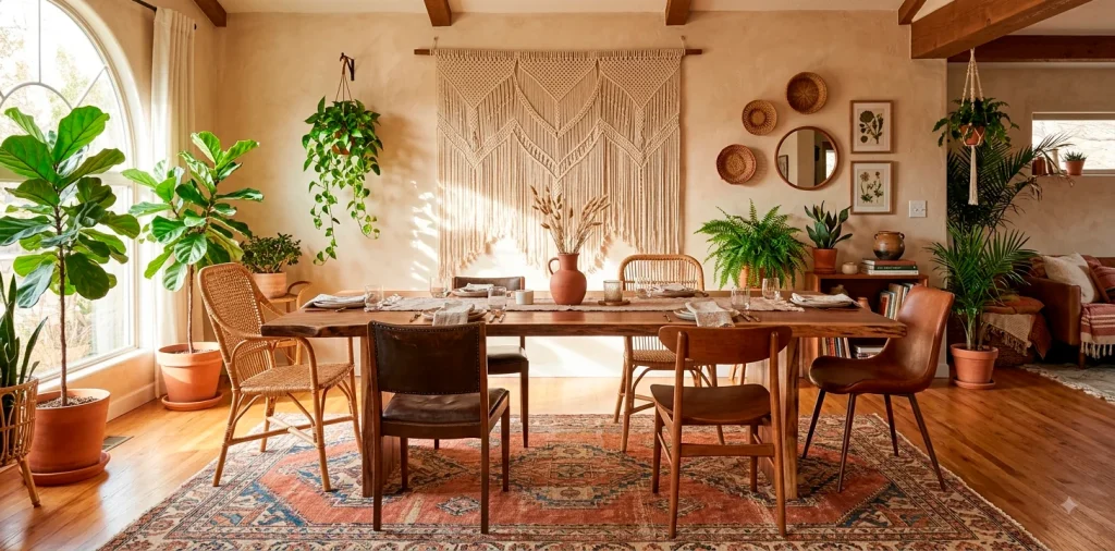 A relaxed global-inspired boho dining room featuring a raw wood table, mismatched chairs, and lush indoor plants.