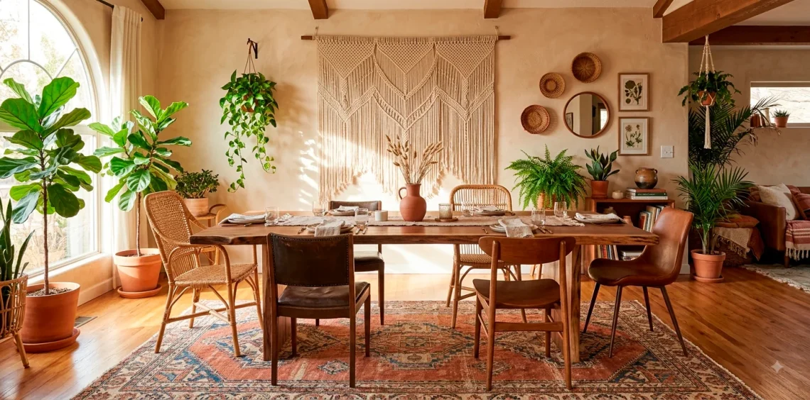 A relaxed global-inspired boho dining room featuring a raw wood table, mismatched chairs, and lush indoor plants.