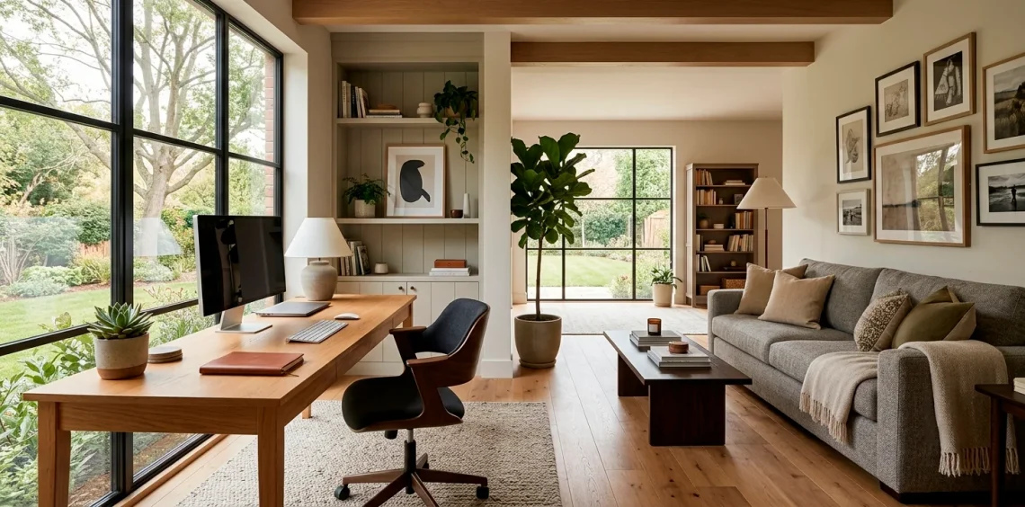 Modern home office and cozy guest room combination interior with wooden desk and sleeper sofa.