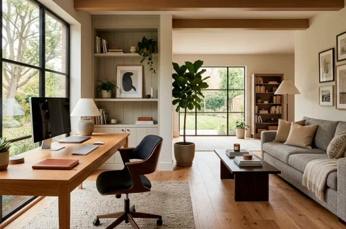 Modern home office and cozy guest room combination interior with wooden desk and sleeper sofa.