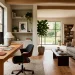 Modern home office and cozy guest room combination interior with wooden desk and sleeper sofa.