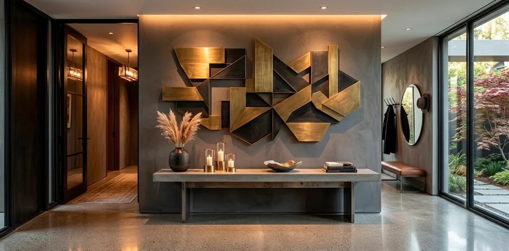 Large geometric metallic wall sculpture in an industrial glam entryway
