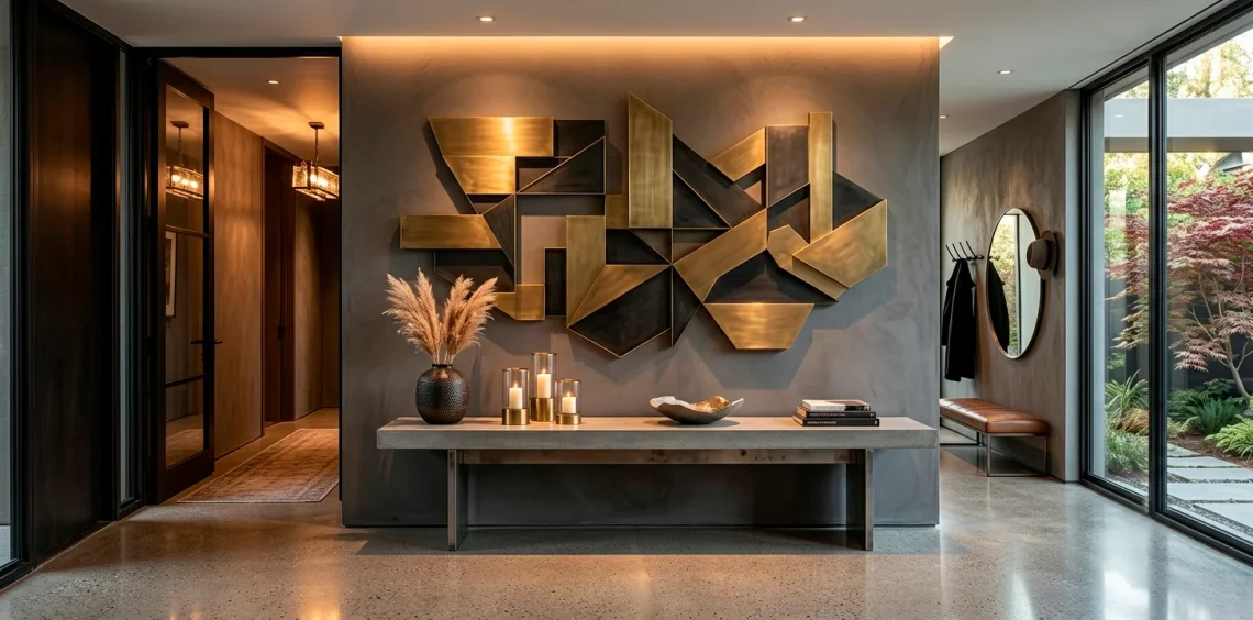 Large geometric metallic wall sculpture in an industrial glam entryway