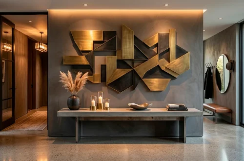 Large geometric metallic wall sculpture in an industrial glam entryway
