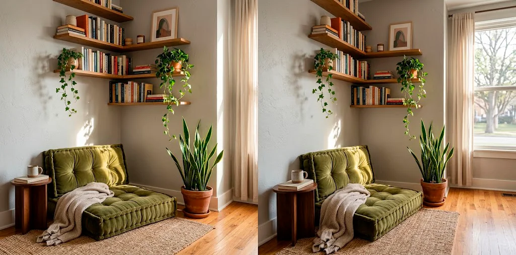 A styled small apartment corner with a floor cushion, tall plant, and floating shelves