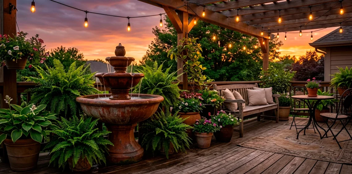 A stunning rustic patio setting featuring a large earthy terracotta water fountain surrounded by ferns and string lights.
