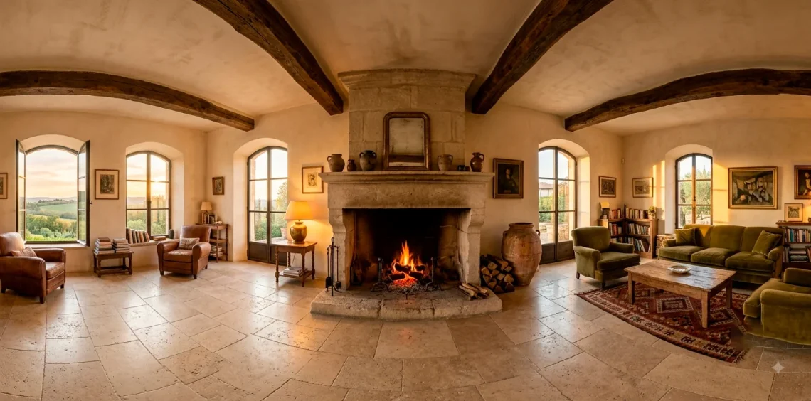 Rustic living room with chunky limestone fireplace and warm stone accents
