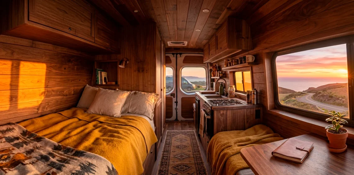 Cozy camper van interior featuring warm golden hour lighting and wood cabinets