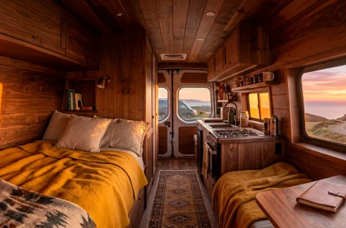 Cozy camper van interior featuring warm golden hour lighting and wood cabinets