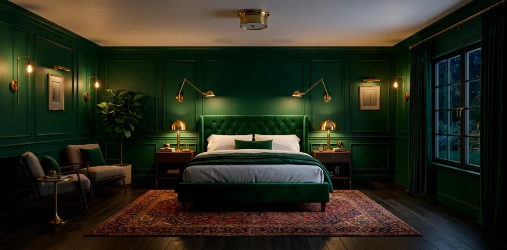 Luxurious moody bedroom featuring emerald green walls and brass wall sconces over a velvet bed.