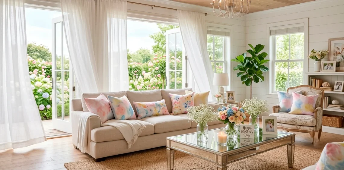 Airy sunlit living room with sheer curtains and pastel decor for Mothers Day