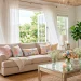 Airy sunlit living room with sheer curtains and pastel decor for Mothers Day