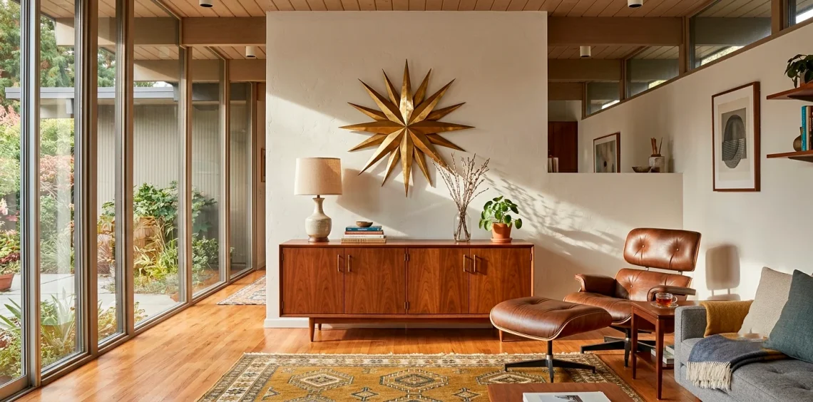 Wide view of a mid-century modern living room featuring sleek walnut furniture and geometric brass wall art.