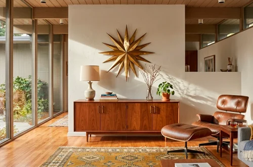 Wide view of a mid-century modern living room featuring sleek walnut furniture and geometric brass wall art.