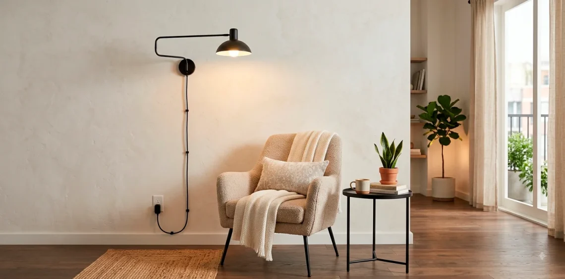 Cozy apartment corner featuring a stylish matte black plug-in wall sconce over a beige accent chair