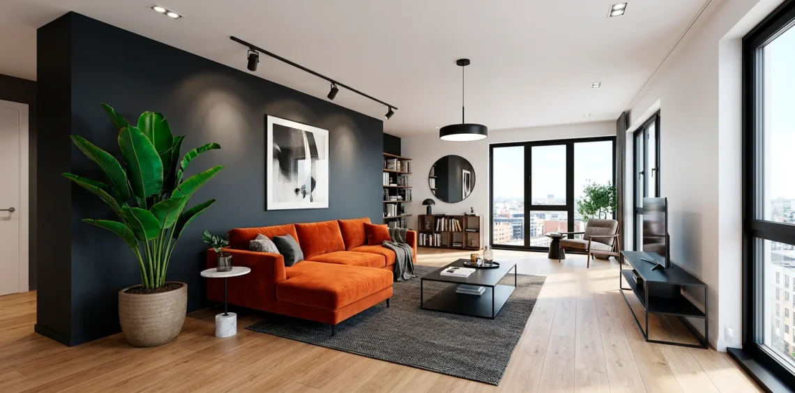 A modern apartment living room featuring a bold high-contrast color scheme with a charcoal wall and burnt orange velvet sofa.