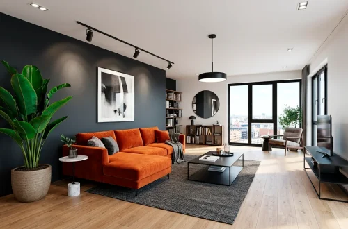 A modern apartment living room featuring a bold high-contrast color scheme with a charcoal wall and burnt orange velvet sofa.