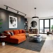 A modern apartment living room featuring a bold high-contrast color scheme with a charcoal wall and burnt orange velvet sofa.