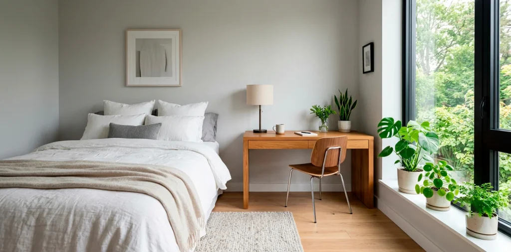 Bright modern guest room office combo with cozy bed and sleek wooden desk