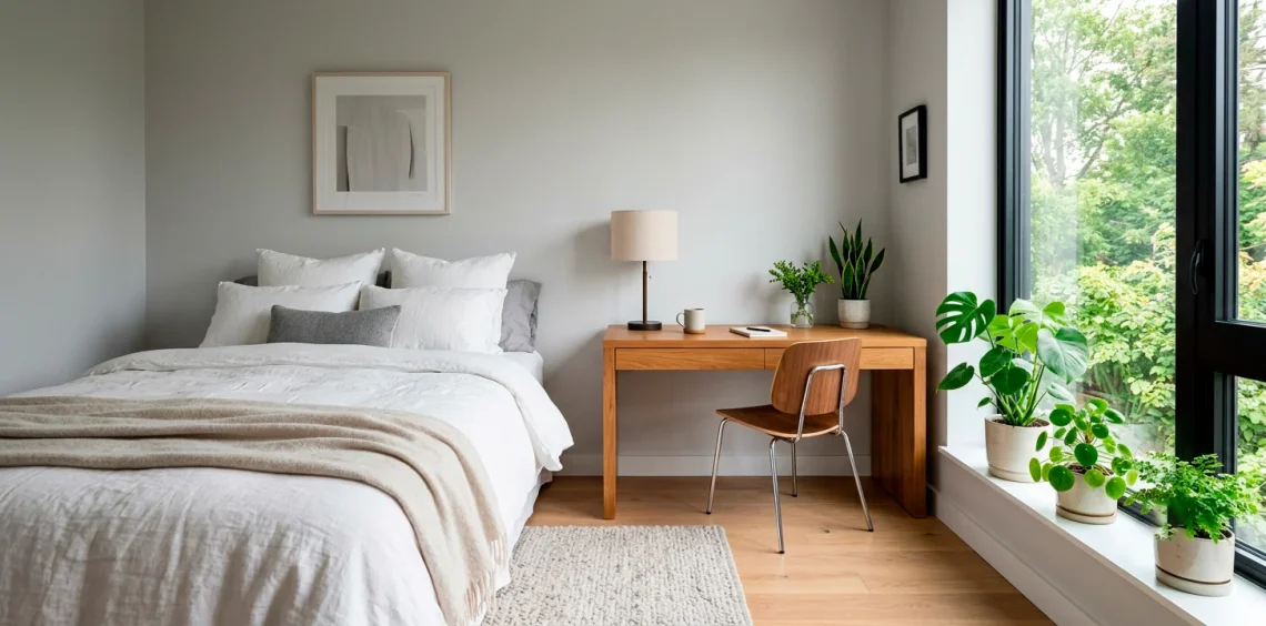 Bright modern guest room office combo with cozy bed and sleek wooden desk