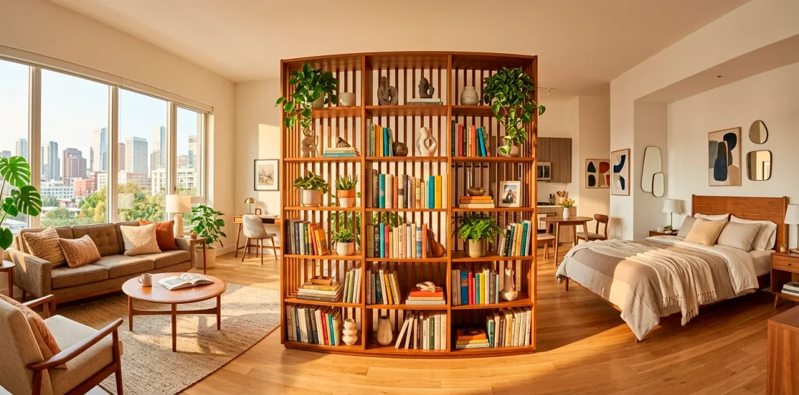 Wide view of a modern studio apartment using a wooden bookshelf as a room divider.