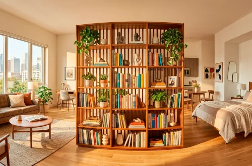 Wide view of a modern studio apartment using a wooden bookshelf as a room divider.