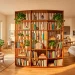 Wide view of a modern studio apartment using a wooden bookshelf as a room divider.