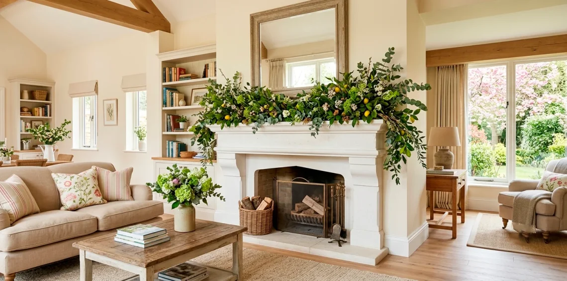 Beautifully styled spring fireplace mantel decorated with lush greenery garlands in a bright living room.