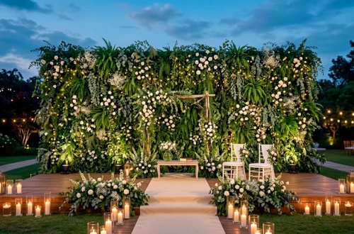 Wide view of an elegant wedding stage featuring a lush greenery wall with ferns and white roses.