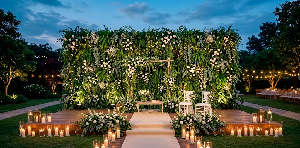 Wide view of an elegant wedding stage featuring a lush greenery wall with ferns and white roses.