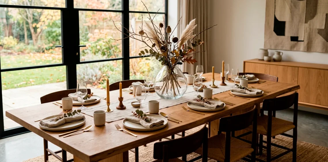 Minimalist Japandi Thanksgiving table setting with a clear glass vase centerpiece and dried branches