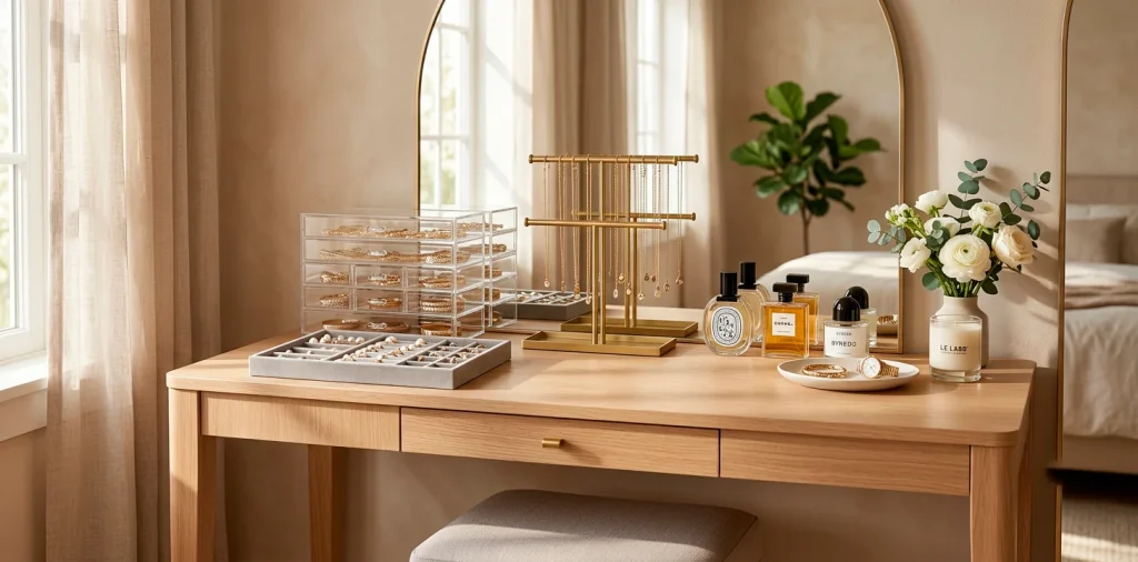 Beautifully organized light oak vanity table displaying various smart jewelry storage solutions.