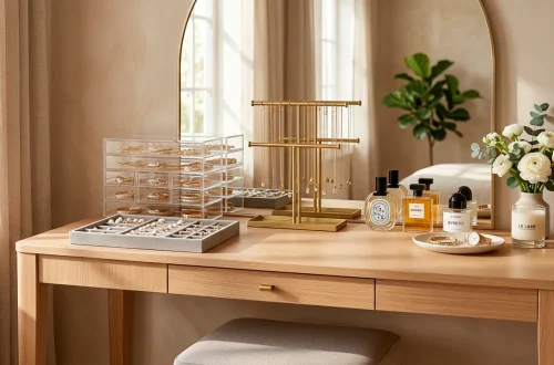 Beautifully organized light oak vanity table displaying various smart jewelry storage solutions.