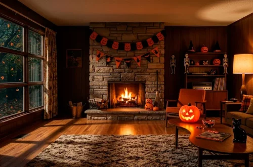 Cozy retro living room decorated with vintage Halloween ornaments, glowing paper jack-o'-lanterns, and black and orange banners.
