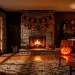 Cozy retro living room decorated with vintage Halloween ornaments, glowing paper jack-o'-lanterns, and black and orange banners.