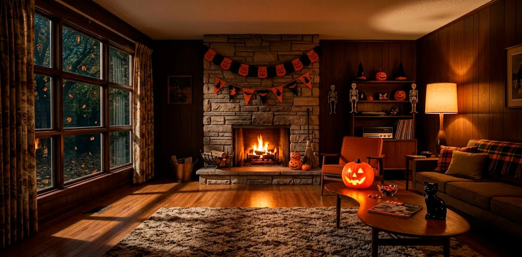 Cozy retro living room decorated with vintage Halloween ornaments, glowing paper jack-o'-lanterns, and black and orange banners.