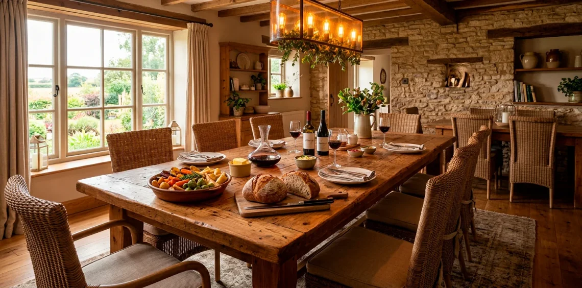 Large chunky pine dining table in a warm rustic dining room ready for a family meal