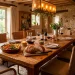 Large chunky pine dining table in a warm rustic dining room ready for a family meal
