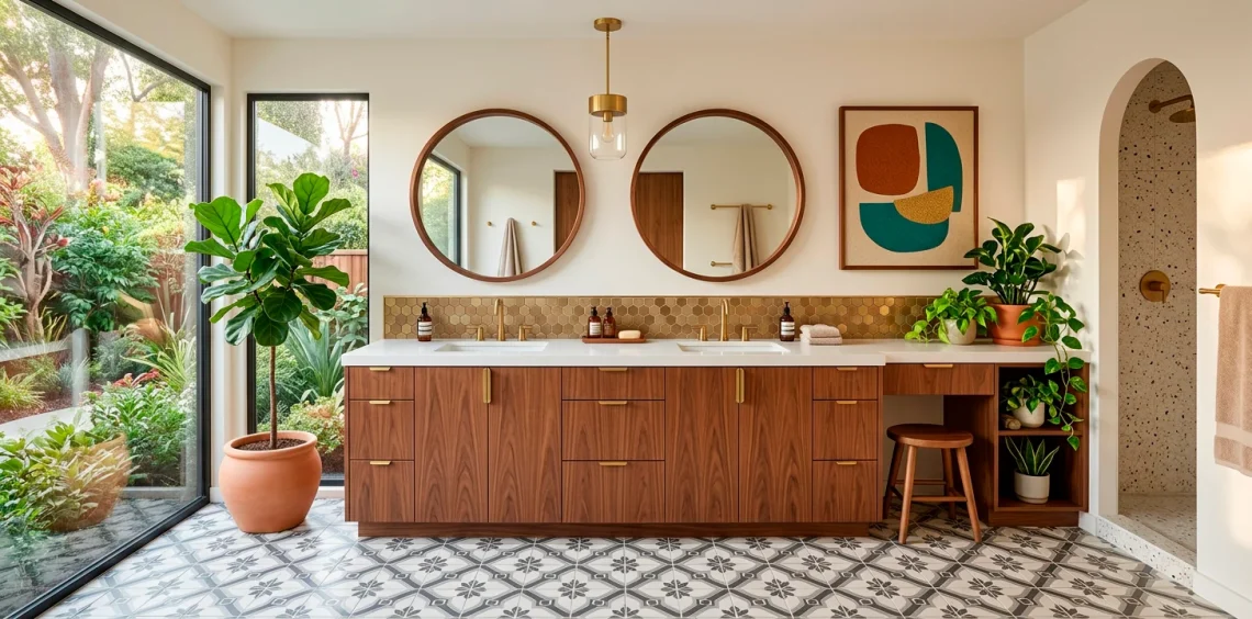 Wide view of a mid-century modern bathroom with a warm walnut vanity and brass fixtures