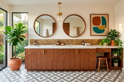 Wide view of a mid-century modern bathroom with a warm walnut vanity and brass fixtures