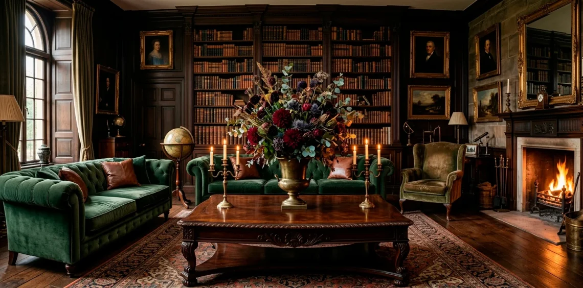 Dark Victorian living room with burgundy dahlia and dried thistle floral arrangement on a mahogany table