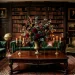 Dark Victorian living room with burgundy dahlia and dried thistle floral arrangement on a mahogany table