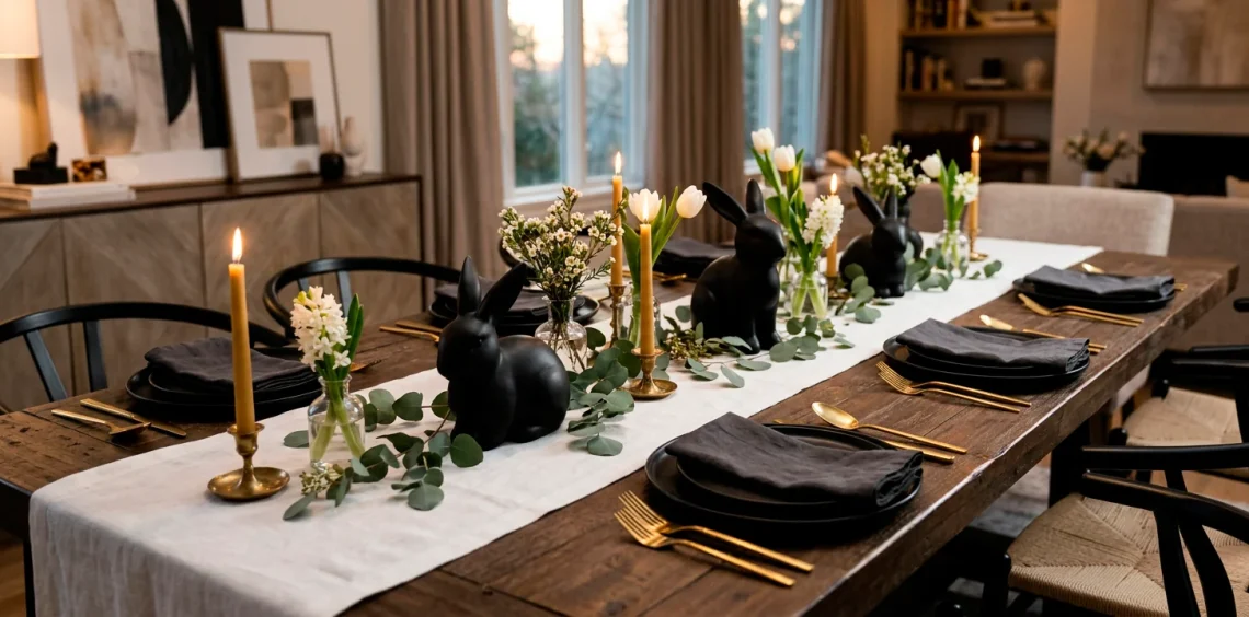 Modern elegant Easter table setting featuring matte black ceramic rabbit figurines, white linen, and gold cutlery.