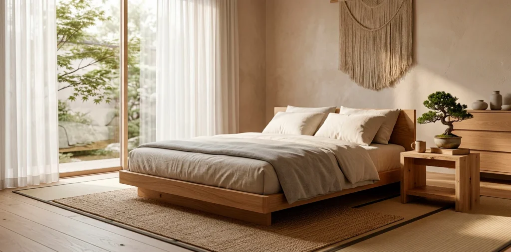 Serene Japandi style bedroom featuring a low oak bed, beige linen bedding, and soft natural lighting