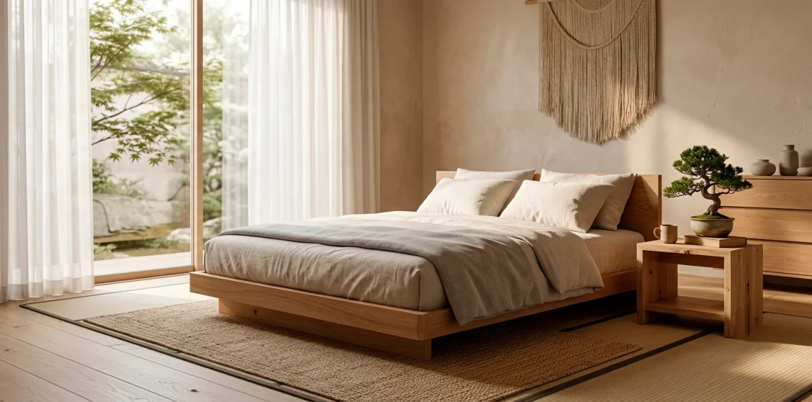 Serene Japandi style bedroom featuring a low oak bed, beige linen bedding, and soft natural lighting