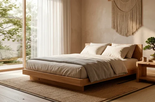 Serene Japandi style bedroom featuring a low oak bed, beige linen bedding, and soft natural lighting