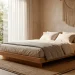 Serene Japandi style bedroom featuring a low oak bed, beige linen bedding, and soft natural lighting