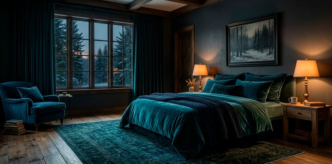 A moody winter guest bedroom decorated with deep teal and charcoal accents, featuring a cozy bed and warm lighting.